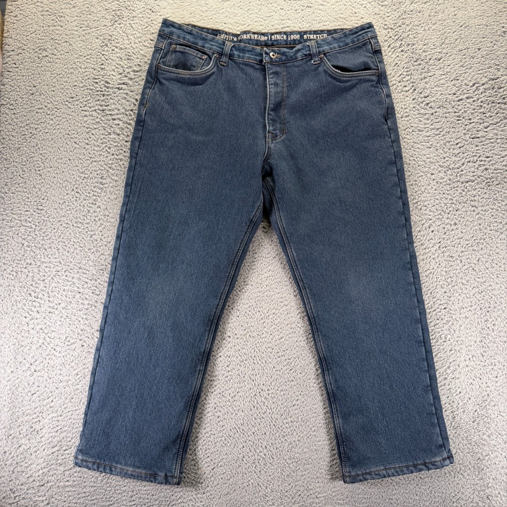 Smith's Jeans Men 42x30 Blue Cotton Denim Straight Fleece Lined Workwear Stretch